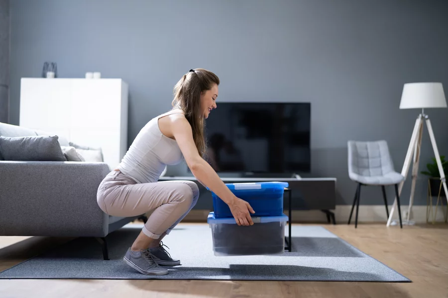 A woman lifting boxes with the correct posture.