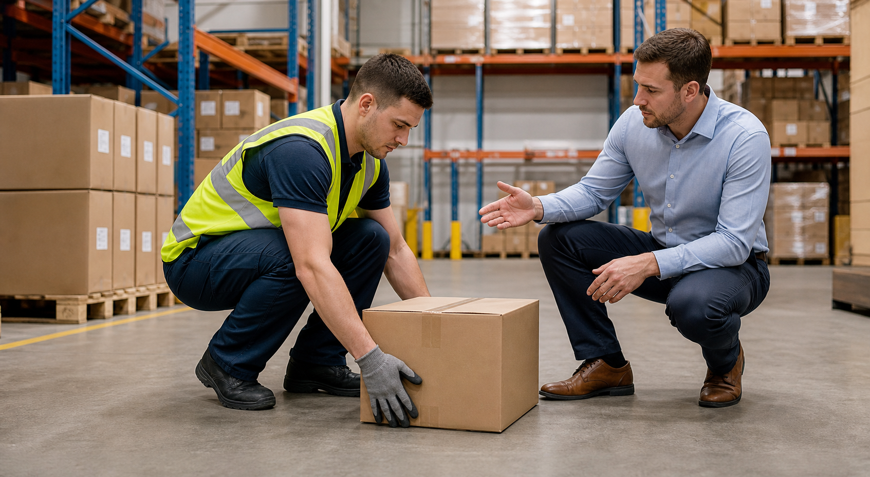 Safe lifting ergonomics training in a warehouse.