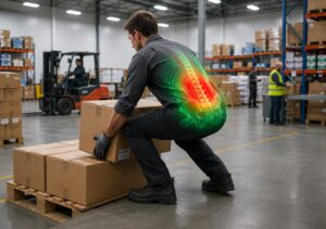 Warehouse worker lifting a heavy box with visible lower back strain, highlighting ergonomic hazards and Musculoskeletal Disorder (MSD) risk in physically demanding jobs.