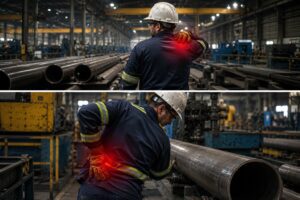 Steel manufacturing workers experience shoulder and lower back strain, highlighting the need for an OSHA-compliant early intervention program to address discomfort before it becomes a recordable injury.