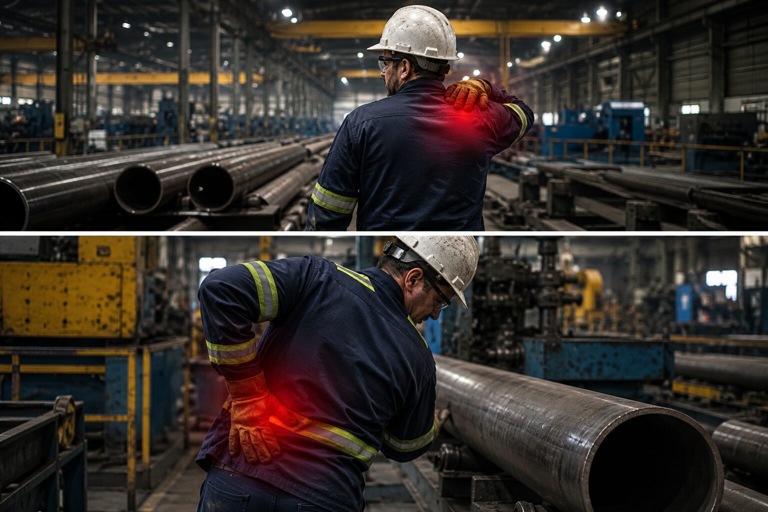 Steel manufacturing workers experience shoulder and lower back strain, highlighting the need for an OSHA-compliant early intervention program to address discomfort before it becomes a recordable injury.