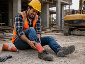 Injured industrial worker receiving first aid, emphasizing the importance of physical ability testing programs.
