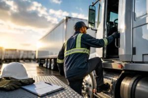 OTR truck driver entering a semi-truck during a job-specific physical ability test evaluation.