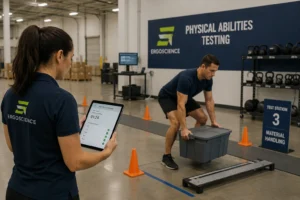 Candidate performing a standardized Physical Abilities Test (PAT), demonstrating lifting technique while being evaluated for strength, balance, and job-related physical capability in a controlled assessment environment.