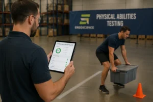 Candidate being evaluated with a checklist during a physical abilities testing (PAT) session, showing structured workforce assessment and job-fit screening.