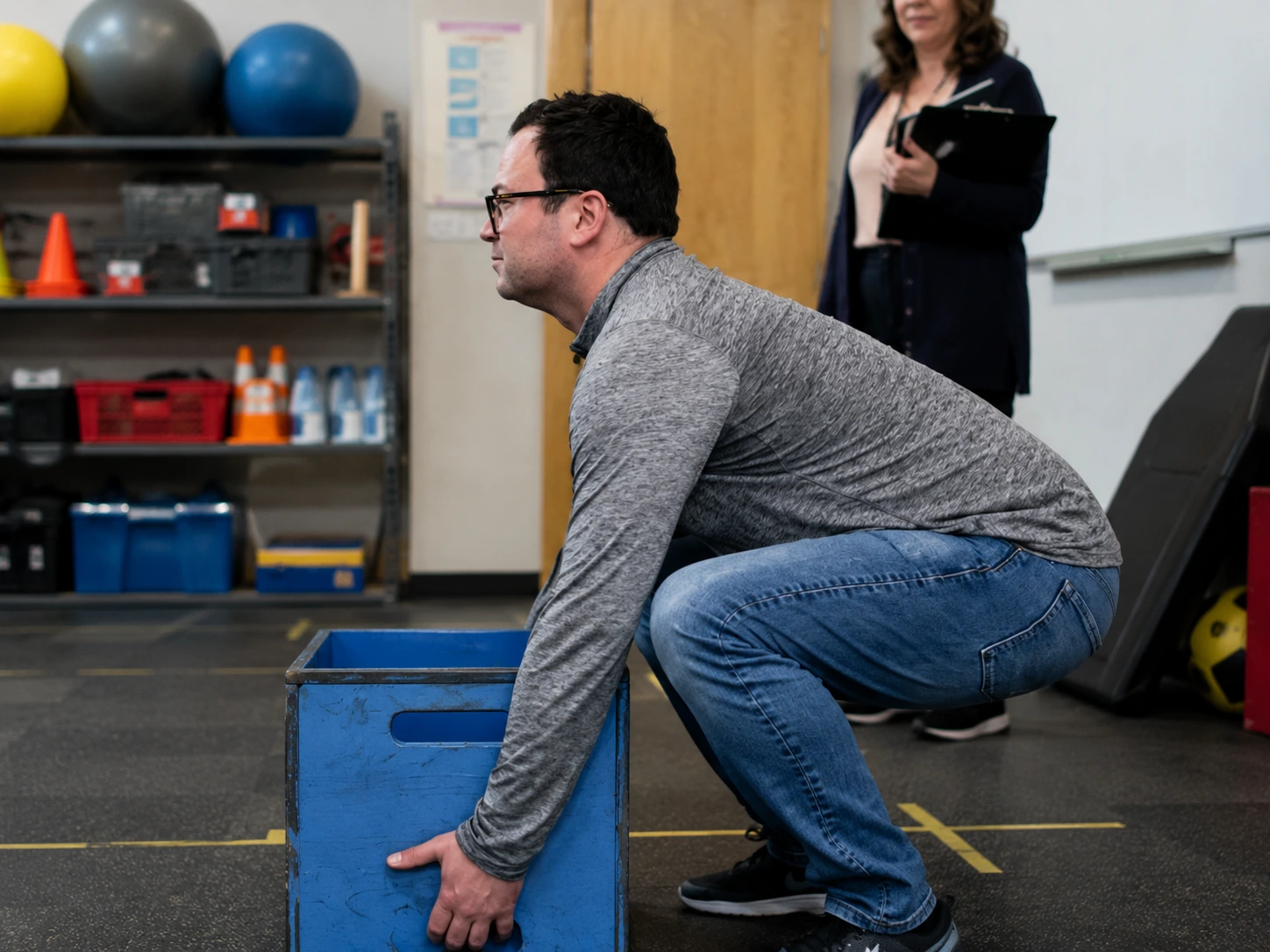 Candidate performing a physical ability test by lifting a weighted box under supervision during a pre-employment physical abilities testing assessment in a controlled evaluation environment.