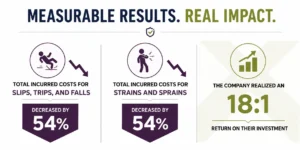 Infographic showing a 54% reduction in costs related to slips, trips, falls, strains, and sprains, along with an 18:1 return on investment after implementing a job-specific physical ability test.