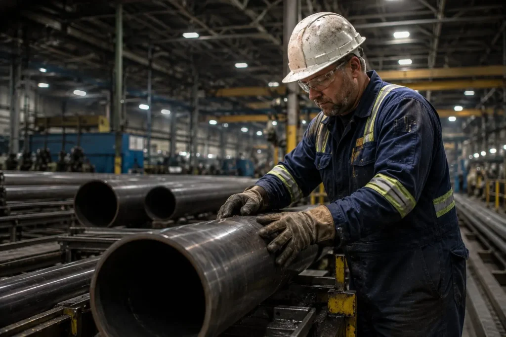 Industrial worker inspecting large steel pipes inside a manufacturing facility, highlighting the physically demanding environment where an early intervention program can help address musculoskeletal discomfort before it becomes a recordable injury.
