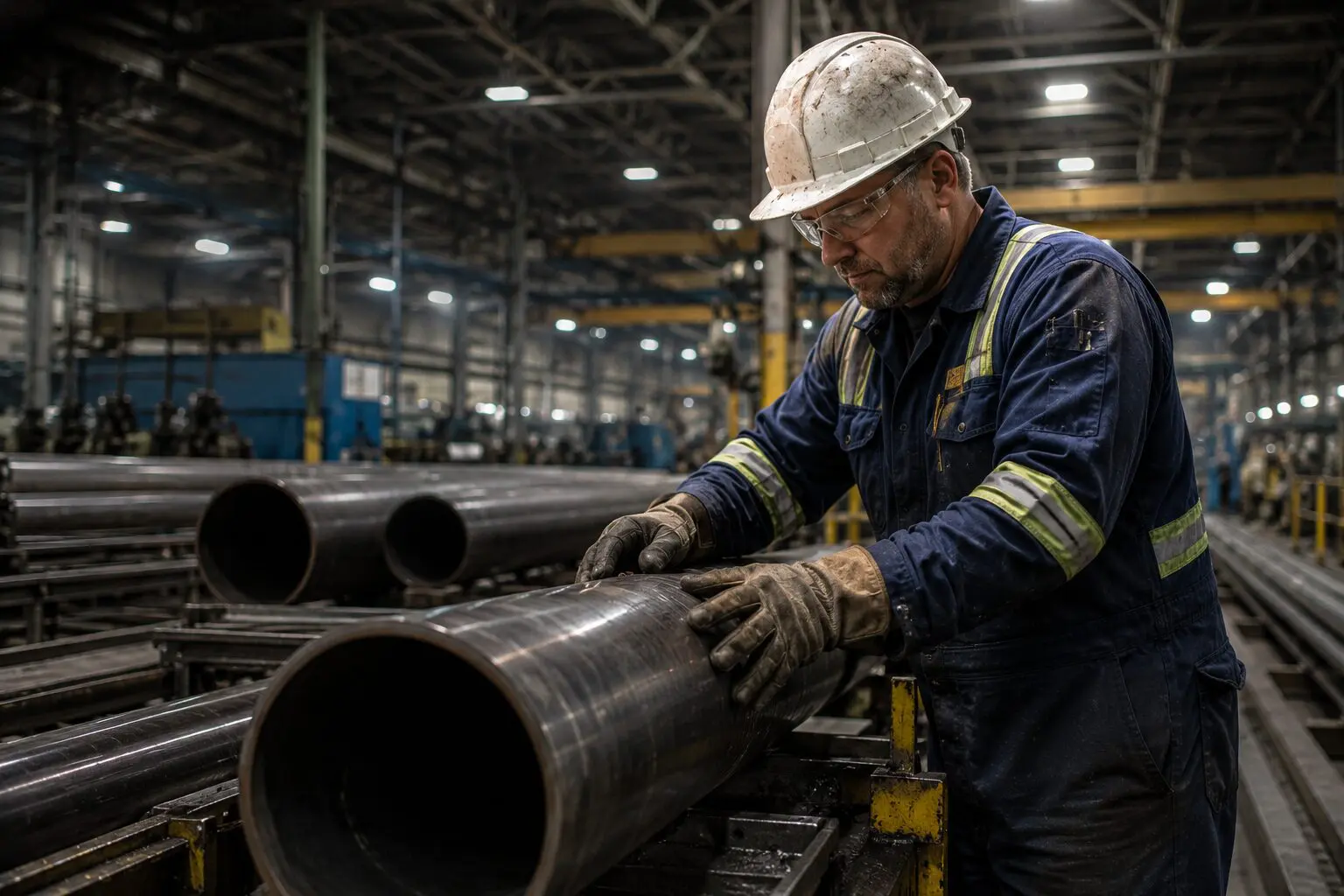 Industrial worker inspecting large steel pipes inside a manufacturing facility, highlighting the physically demanding environment where an early intervention program can help address musculoskeletal discomfort before it becomes a recordable injury.