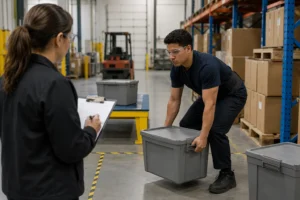 Safety manager evaluating a candidate during a pre employment test for a physically demanding role.