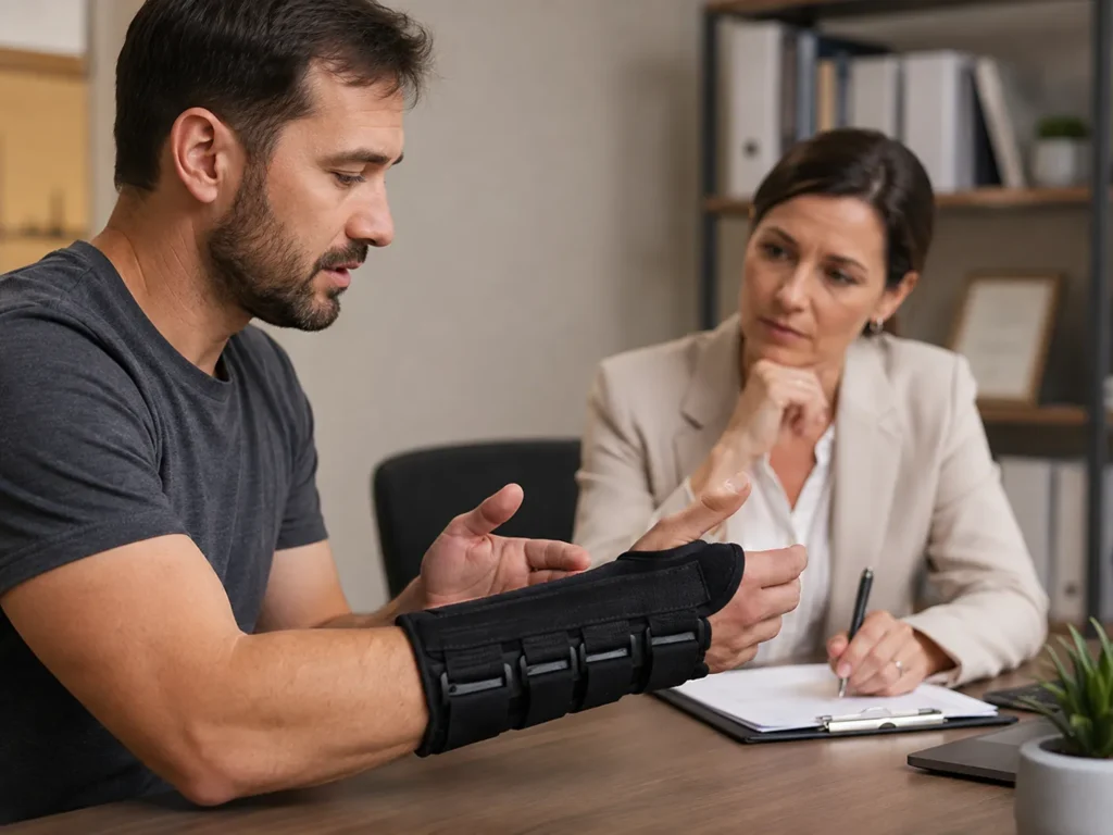 Employer discussing workplace injury prevention with an employee wearing a wrist brace