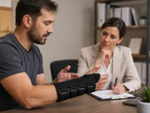 Employer discussing workplace injury prevention with an employee wearing a wrist brace