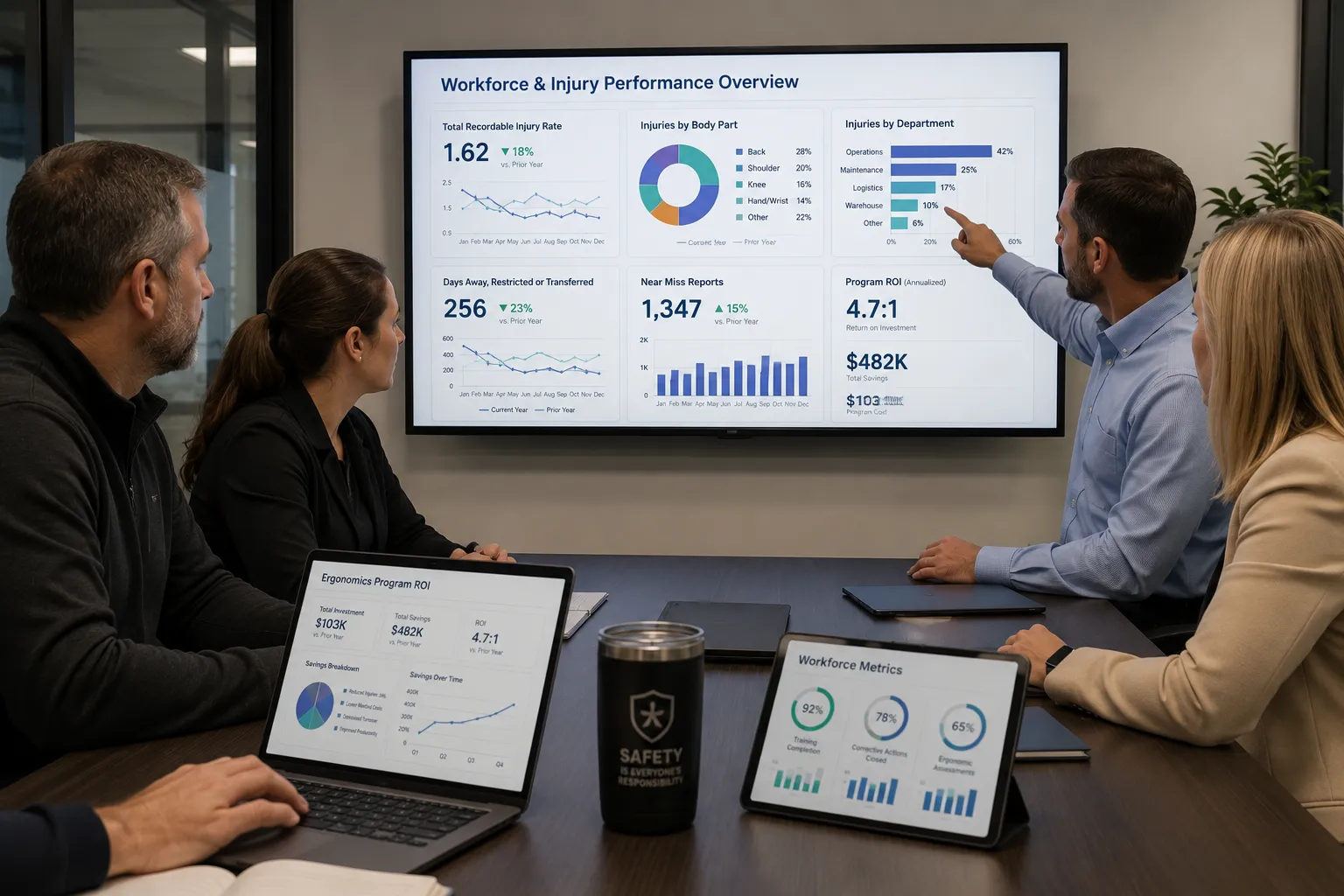 Safety and business leaders reviewing workplace injury data and ROI metrics.
