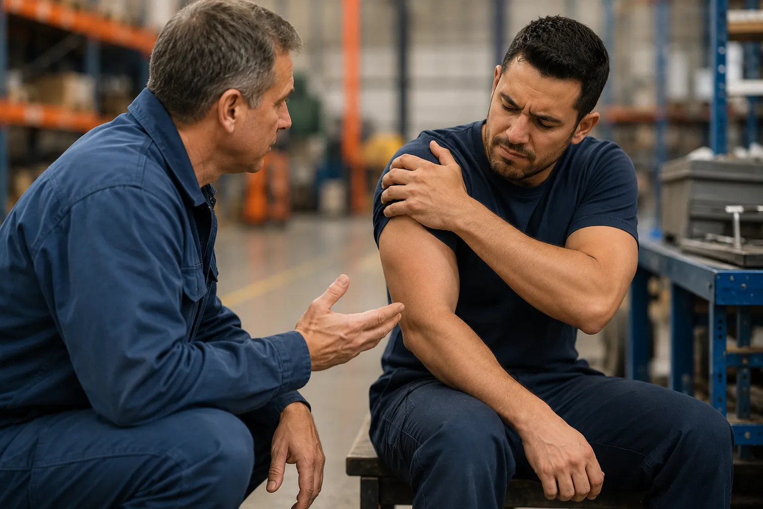 Supervisor discussing early injury symptoms with an employee to prevent workers' comp claims.