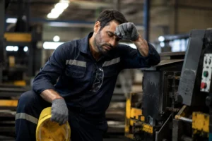 Exhausted worker at work, illustrating fatigue and early indicators of musculoskeletal disorder risk.