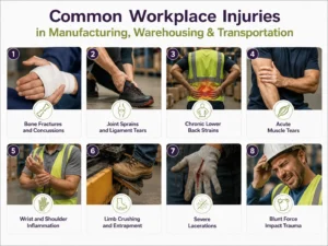 Infographic showing common workplace injuries in manufacturing, warehousing, and transportation