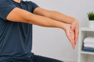 Wrist and finger extension stretch demonstrated as part of an ergonomic Stretch & Flex program for repetitive cutting tasks.
