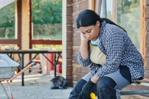 Woman holding her neck in discomfort at work, illustrating neck strain and early signs of musculoskeletal disorders from workplace ergonomics. 