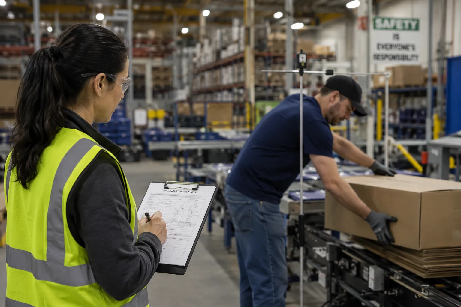 Ergonomics specialist conducting a job analysis to document physical job requirements.