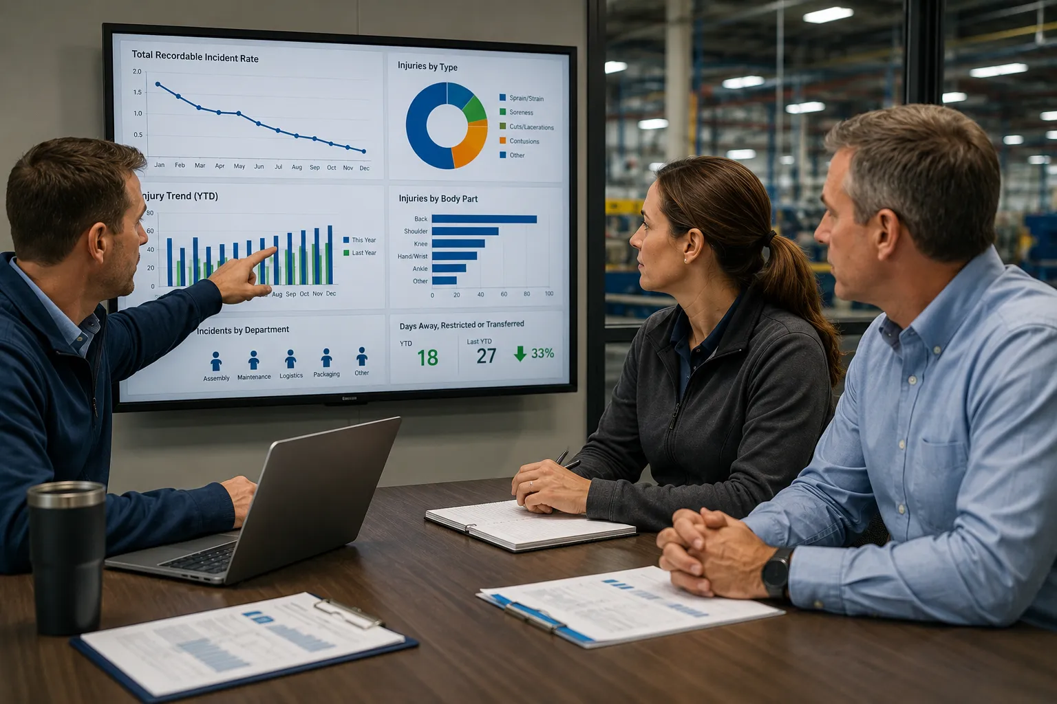 Safety professionals reviewing workplace injury data to improve safety programs and reduce workers' comp claims.