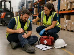Workplace injury intervention with a safety worker assisting an injured employee in a warehouse