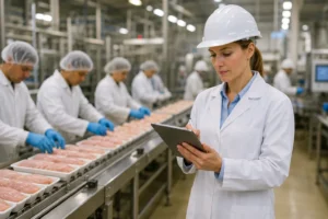 An EHS manager conducts an ergonomic assessment inside a food processing facility, evaluating production tasks to identify ergonomic hazards, reduce musculoskeletal disorders (MSDs), and improve workplace safety.