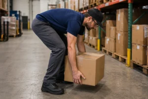Man lifting and carrying a heavy box at work, showing physical strain and MSD risk. 