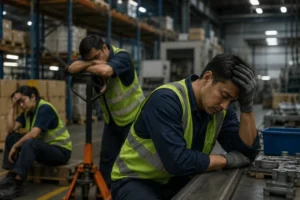 Group of exhausted workers displaying fatigue, illustrating physical strain and potential musculoskeletal disorder risks in demanding jobs. 