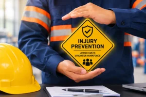 Workplace safety professional demonstrating injury prevention to reduce workers' compensation costs