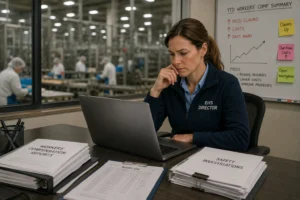 An EHS manager conducts an ergonomic assessment inside a food processing facility to evaluate production tasks, identify ergonomic hazards, and support future workplace improvement planning. 