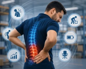 Worker holding lower back in discomfort, illustrating back pain and MSD risk from workplace strain. 