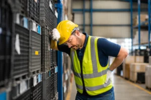 Warehouse worker experiencing lower back discomfort, a common concern in workplaces managing musculoskeletal disorder risks.