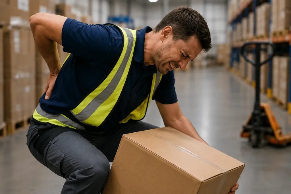 A warehouse employee experiences back pain while lifting a heavy box, highlighting the need for workplace injury prevention through ergonomic improvements, ergonomic training, and safer manual material handling practices.