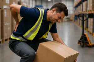 A warehouse employee experiences back pain while lifting a heavy box, highlighting the need for workplace injury prevention through ergonomic improvements, ergonomic training, and safer manual material handling practices.