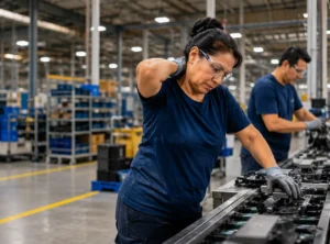Manufacturing worker experiencing MSD symptoms while performing a repetitive task