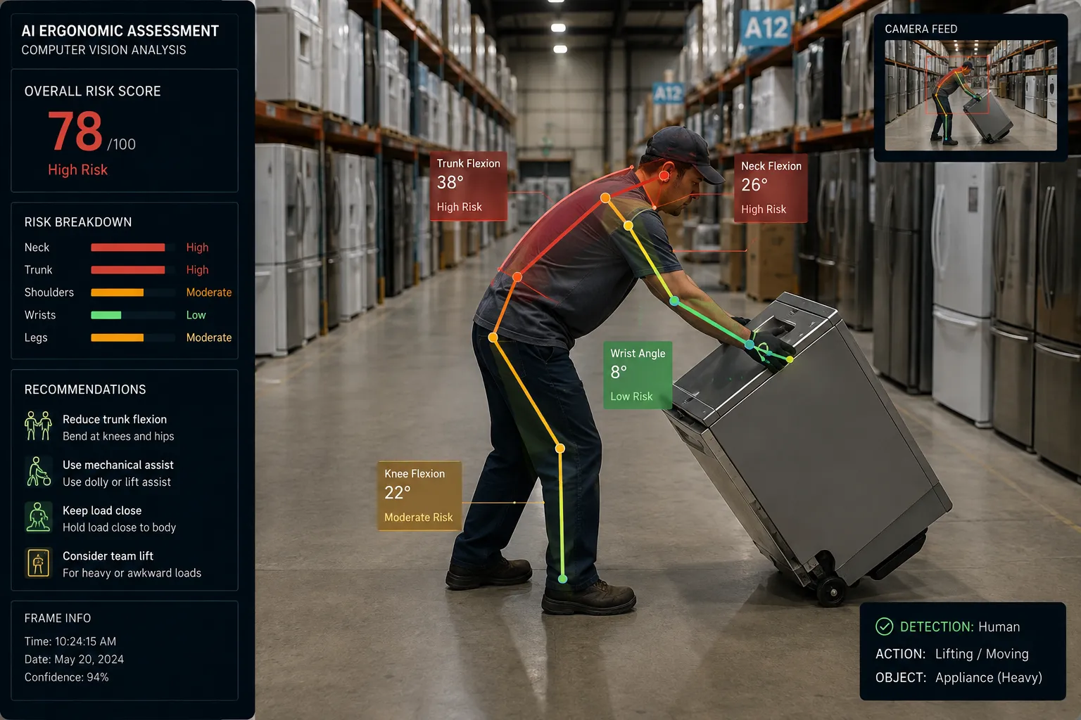 Ergonomic assessment identifying workplace injury prevention risks in a warehouse