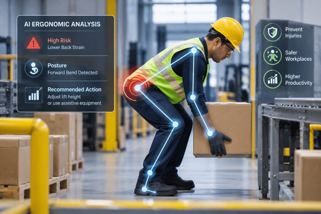 Worker in a warehouse lifting a box with AI-powered ergonomic analysis tracking body posture and highlighting lower-back strain.
